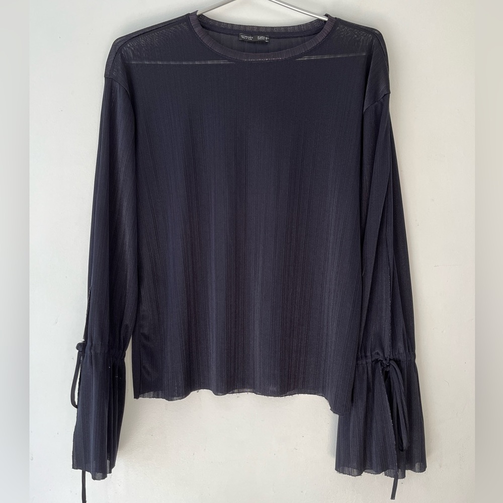 Zara Sheer Raw Hem Slit Tie Sleeve Flare Blouse Size Small Oversized